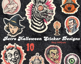 Retro Halloween PNG Sticker Graphics: Vintage Horror Clipart Set, 10 Designs (Digital Download)