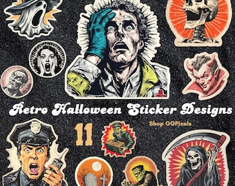 Retro Halloween Stickers Set: Mid-Century Horror Clipart Bundle, 11 PNG Designs (Digital Download)