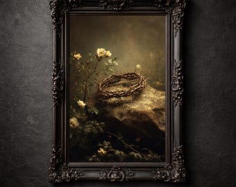 Naturaleza muerta con corona de espinas, gótico sepia melancólico, arte mural imprimible, decoración religiosa oscura