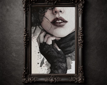 Retrato de mujer con encaje gótico, arte de pared imprimible en acuarela, decoración romántica melancólica.