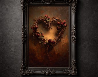 Corona de rosas góticas con forma de corazón, arte de pared imprimible de romance oscuro con espinas, decoración de San Valentín, póster vintage