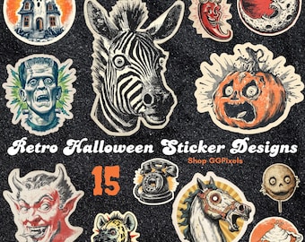 Retro Halloween PNG Stickers: 15 Vintage Style Horror Clipart Graphics (Digital Download)