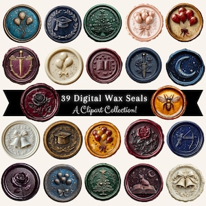 Elegant Digital Wax Seal Clipart, 39 PNG Stamp Designs, Vintage Emblem Graphics, Junk Journal Embellishments, Printable Sealing Stickers
