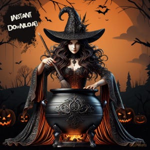 May include: A witch in a black pointed hat and long black dress stirs a cauldron with a wooden spoon. The cauldron is sitting on a fire and there are pumpkins in the background.