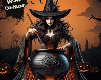 Mystical Witch Halloween Clipart: Gothic Cauldron PNG (Digital Download)