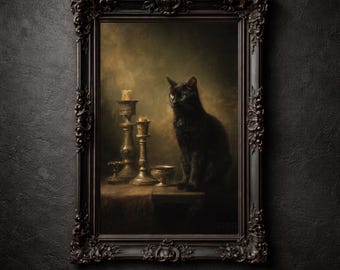 Naturaleza muerta de gato negro, impresión de pintura al óleo vintage, arte mural gótico, decoración del hogar melancólica