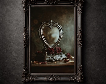 Impresión de espejo de corazón gótico, bodegón de rosas antiguas, imprimible de estilo cottagecore oscuro, arte de pared para San Valentín