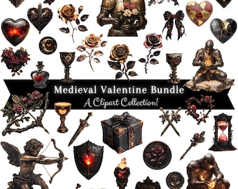 Dark Gothic Medieval Valentine Clipart Bundle: Knight, Hearts, Roses PNG (Digital Download)