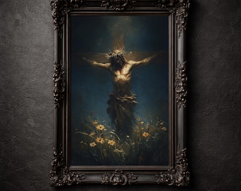 Impresión de Jesús en la cruz, pintura al óleo de la crucifixión, arte de pared imprimible, póster de decoración gótica cristiana