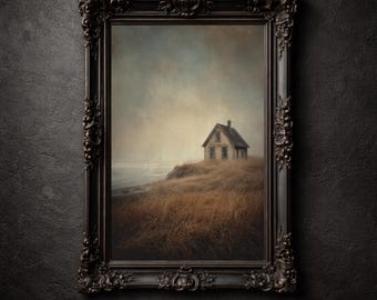 Impresión de cabaña costera abandonada, decoración de arte costero antiguo, arte de pared imprimible de costa melancólica