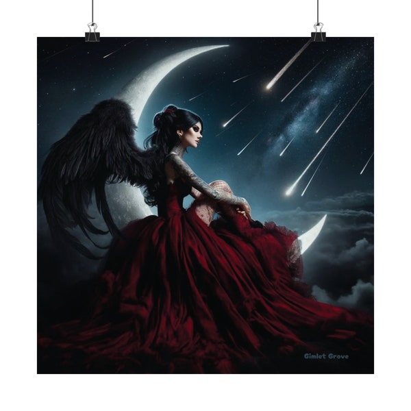 Dark Angel w/ Tattoos Gothic Meteor Shower Poster Crescent Moon Fantasy Abstract Art Matte Print Home Decor Gift