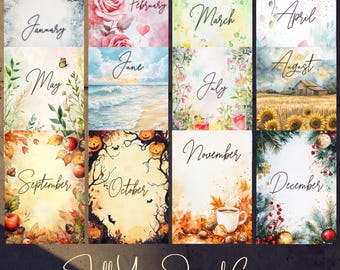 Printable A5 Journal Cover PNG Pages Bundle Monthly Seasonal Watercolor Designs, Notebook Cover, Full Year A5 Journal Cover Designs 300 DPI