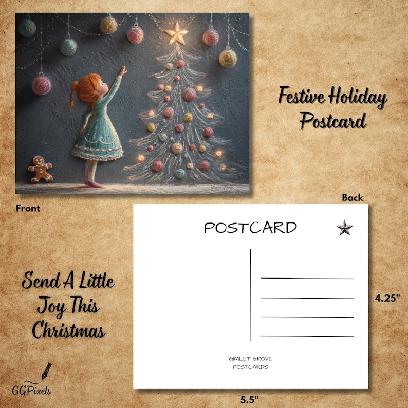 Puede incluir: Una postal festiva con un dibujo de una ni&ntilde;a alcanzando una estrella en un &aacute;rbol de Navidad. El frente dice "Send A Little Joy This Christmas". La parte posterior est&aacute; en blanco con l&iacute;neas y mide 14 cm por 11 cm.