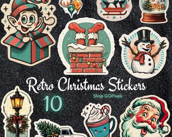 May include: A collection of 10 retro Christmas stickers with various designs, including an elf, penguins on a sled, a snowman, Santa Claus, and a truck carrying a Christmas tree. The stickers have a vintage aesthetic with a dark background.