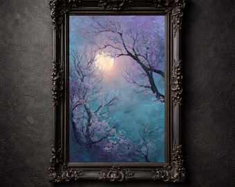 Arte mural imprimible con flores iluminadas por la luna, cielo morado crepuscular con luna llena, decoración floral de Whimsigoth