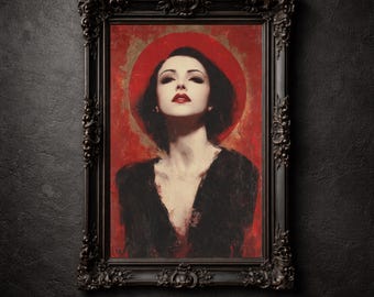 Impresión de retrato de mujer vampiro, arte de halo rojo, decoración gótica romántica oscura, arte de pared melancólico
