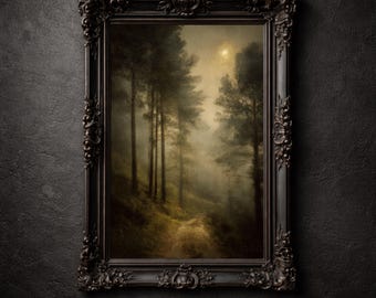 Impresión de un camino forestal brumoso, decoración de bosque oscuro imprimible, pintura al óleo gótica vintage, arte mural
