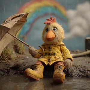 May include: A whimsical, plush chick character sits in a puddle under a light brown umbrella. The chick wears a yellow raincoat and boots, with a rainbow and cloudy sky in the background. The scene evokes a storybook feel.
