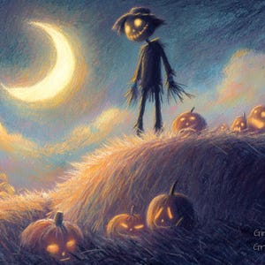 Whimsical Scarecrow Postcard Crescent Moon Pumpkin Field Retro Style Halloween Card Fall Art Print October Decor Spooky Gift 5.5x4.25