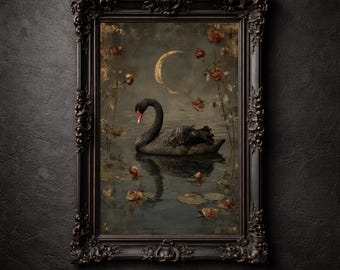 Impresión de luna de cisne negro, escena vintage de lago rosa, romántica oscura, decoración de bellas artes góticas