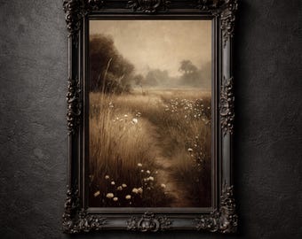 Impresión de un camino de prado melancólico, pintura de paisaje de flores silvestres, decoración gótica vintage imprimible, arte de pared de cabaña
