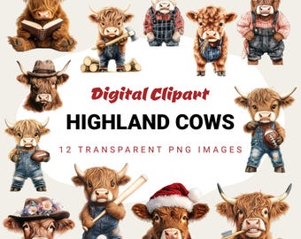 Highland Cow Clipart Bundle: 12 PNG Designs for Sublimation (Digital Download)
