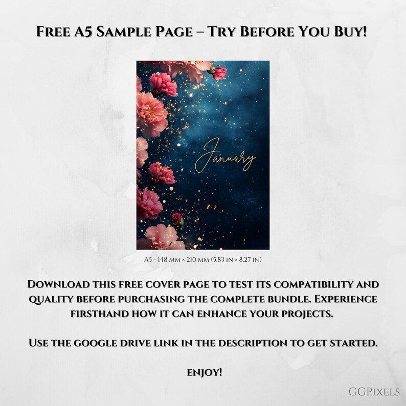 May include: A free printable A5 page featuring a floral design with pink flowers and gold glitter on a dark blue background. The page says "January" in gold script. The page is 5.83 inches by 8.27 inches.