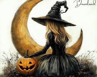 May include: A witch wearing a black hat and dress sits in front of a crescent moon with a jack-o-lantern in front of her.