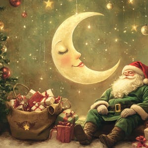 Postal retro de ensueño de Papá Noel con luna creciente, traje verde, decoración navideña, estilo vintage, papelería festiva, regalo, 5,5 x 4,25