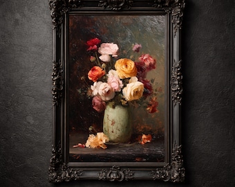 Impresión de ramo de rosas vintage, pintura rústica en jarrón, bodegón floral melancólico, arte cottagecore oscuro