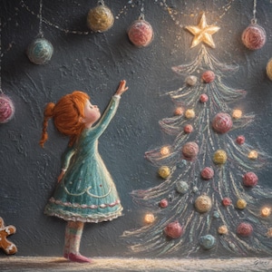 Retro Christmas postcard with a young girl reaching for a star on a decorated tree, festive holiday stationery for mailing, gifting, or collecting.
