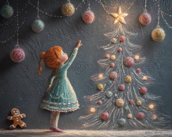 Cartolina di Natale "Ragazza raggiunge la stella": biglietto di auguri natalizio retrò e nostalgico