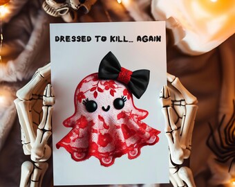 Lace Ghost Clipart, Kawaii Halloween PNG, Red Floral Design (Digital Download)