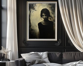 May include: A framed painting of a woman with dark hair and a black dress standing in a forest. The background is a muted green and brown with a soft light.