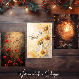 May include: Three digital printable designs for July, August, and September. The July design features red poppies on a dark brown background. The August design features yellow sunflowers on a light yellow background. The September design features a forest path with a glowing light at the end.