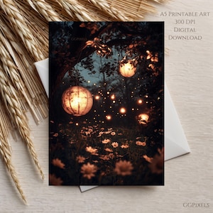 Impressão de jardim com luzes de lanterna Washi, arte floral brilhante para impressão, download digital A5, decoração estética de floresta encantada, arte PNG de página de diário