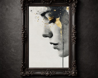 Impresión abstracta de rostro femenino, acuarela dorada, retrato minimalista moderno, arte imprimible.