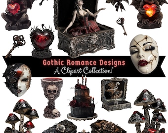 Gothic Romance PNG Clipart Bundle: Roses, Skulls, Gargoyles, Sublimation Digital Download