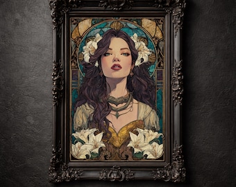 Impresión Art Nouveau en vitrales, retrato de mujer coronada con lirios, arte mural imprimible de la reina Whimsigoth