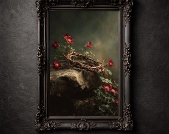 Impresión de corona de espinas, arte mural de rosa roja, pintura gótica cristiana, decoración religiosa melancólica