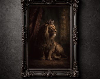 Impresión de retrato de león real, decoración gótica imprimible, pintura al óleo para pared, póster de rey coronado