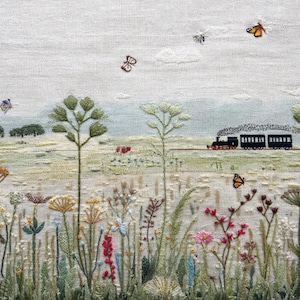 Train de campagne carte postale prairie de fleurs sauvages style rétro Art pittoresque design printanier look brodé impression papeterie cadeau 5,5 x 4,25