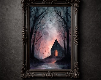 Impresión de capilla del bosque en acuarela, arte colorido de Whimsigoth, arte mural imprimible, decoración gótica de Dark Academia