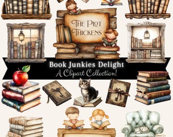 Cozy Library Clipart Bundle: Bookish Cats and Bookshelf PNG Set, Printable Graphics (Digital Download)