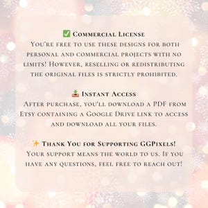 May include: A digital download license agreement for commercial use. The text states that you are free to use the designs for both personal and commercial projects with no limits. Reselling or redistributing the original files is strictly prohibited. The text also states that after purchase, you will download a PDF from Etsy containing a Google Drive link to access and download all your files. The text ends with a thank you message to the customer for supporting the seller.