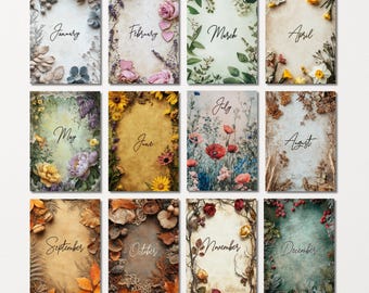 Boho Cottagecore Journal Covers Monthly A5 PNG Bundle Printable Floral Pages for Planners, Scrapbooks, Notebooks, and DIY Crafts