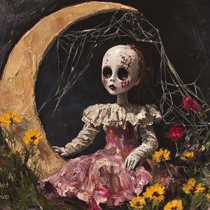Gothic Doll Postcard Crescent Moon Retro Style Horror Art Creepy Wildflower Scene Dark Fantasy Card Collectible Stationery 5.5x4.25