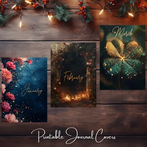 May include: Three printable journal covers with different designs. The first cover features a blue background with pink flowers and gold glitter. The second cover features a dark archway with a fire in the foreground. The third cover features a green four-leaf clover with gold glitter.