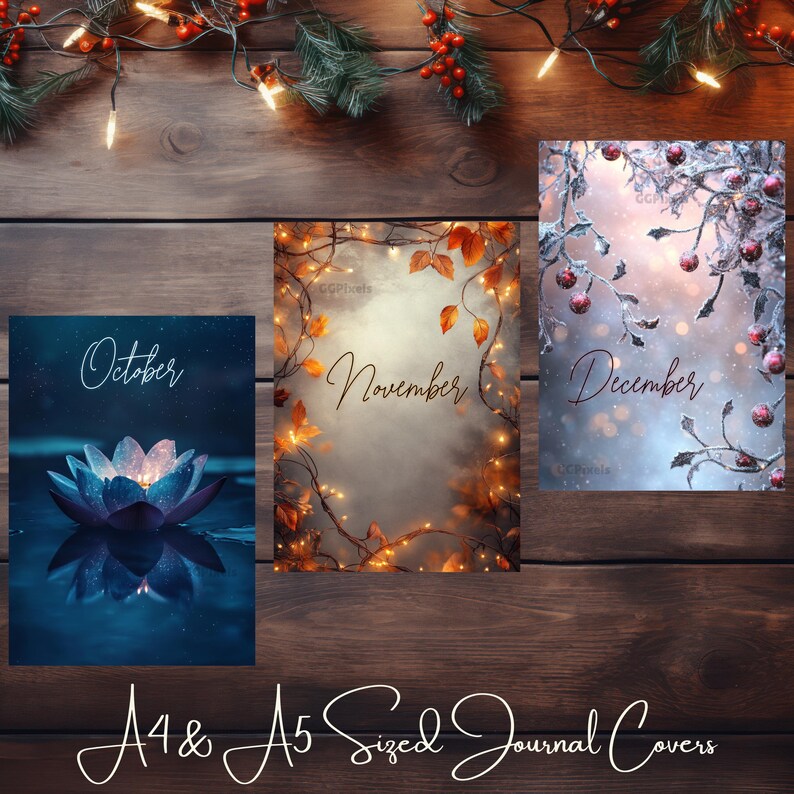 May include: Three journal covers featuring a blue lotus flower with lights, autumn leaves with lights, and a snowy winter scene with red berries and lights. The covers are labeled "October", "November", and "December". A4 & A5 sized journal covers.