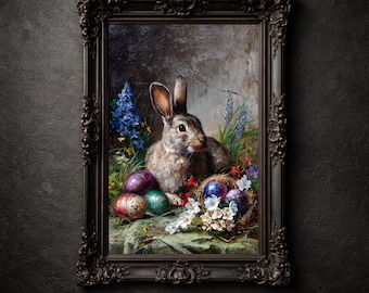 Arte de conejito de Pascua melancólico, pintura al óleo de conejo estilo cottagecore oscuro para imprimir, decoración gótica de primavera